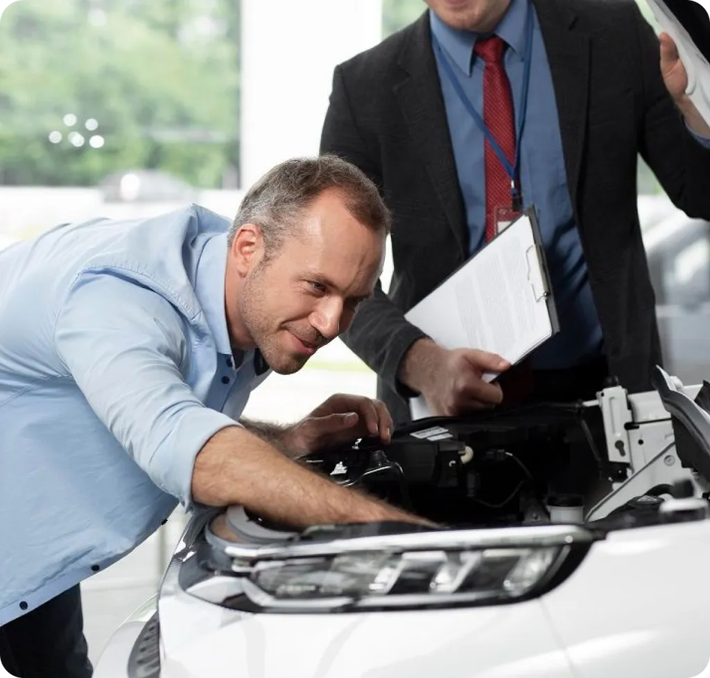 Two people inspecting a car engine before it joins the fleet